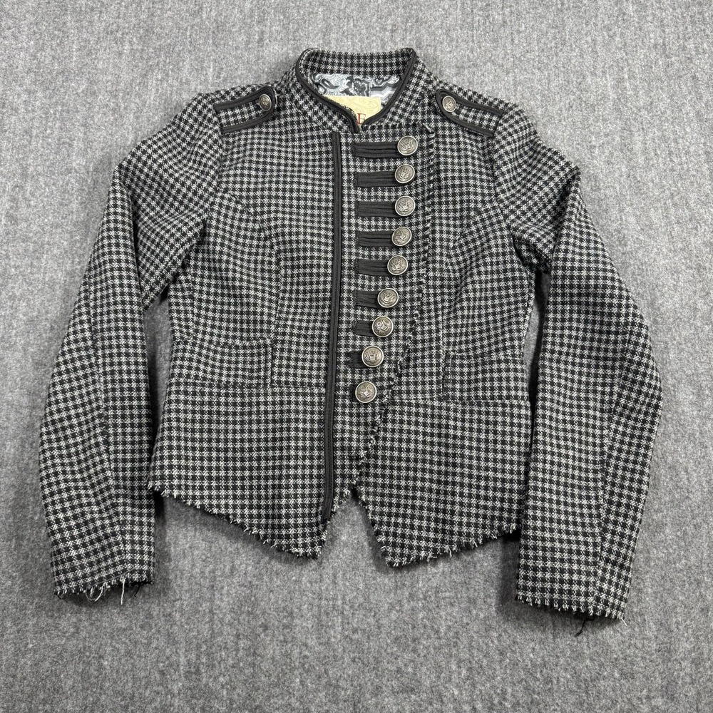 BKE Women's M Wool Blend Military Band Jacket Black White Plaid Cropped Blazer